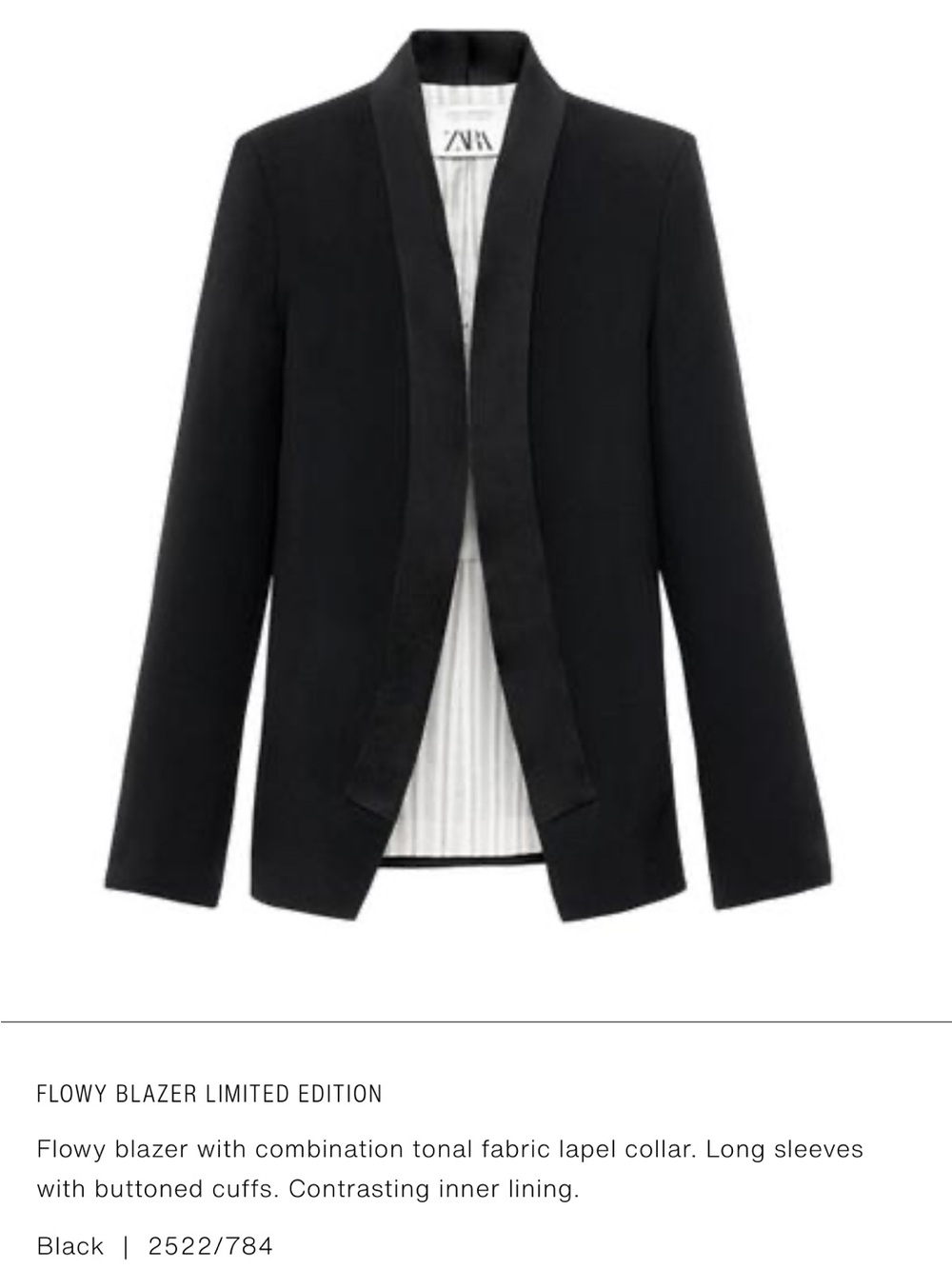 ZARA Black Open-Front Blazer with Satin Lapel